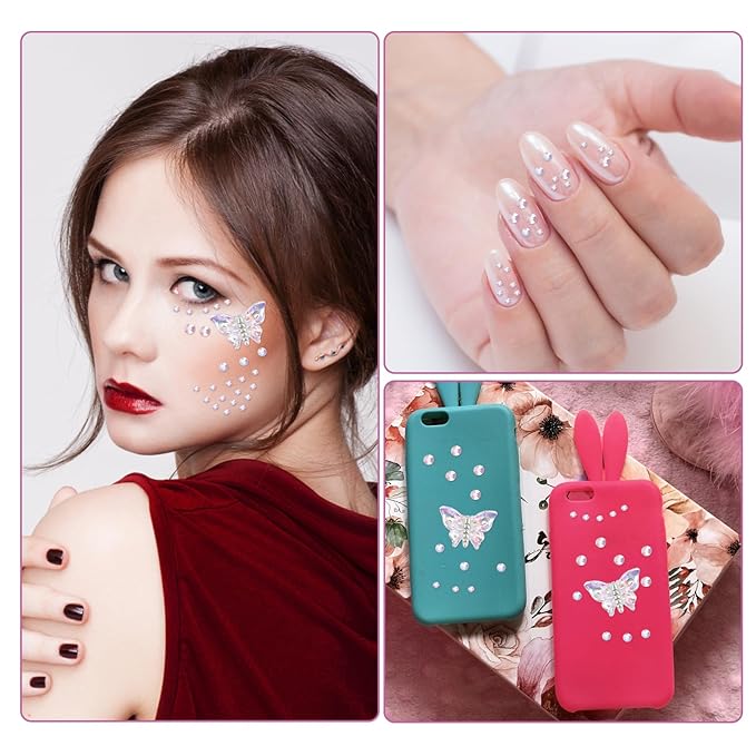 100 pcs Face Rhinestones, Colorful Aurora Self Adhesive Diamonds Face Sticky Gems with Tweezers Fabric Butterflies Multi-Style Sequin Stickers for Women Face Body Makeup