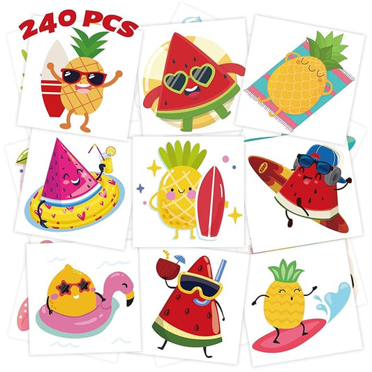 winthrop 240 Pcs Summer Fruit Temporary Tattoos for Kids, Individually Wrapped Waterproof Safety Tattoos, Hawaiian Luau Themed Best Choice for Summer Beach Pool Party, 60 Different Designs