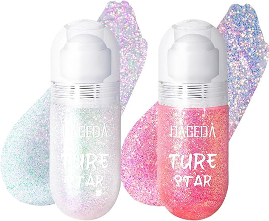 DAGEDA 2Colors Roll-on Body Glitter Gel for Body, Hair, Face, Holographic Glitter Makeup for Rave Accessories, Body Shimmer Hair Glitter Gel for Halloween Makeup(Sparkling Pink+Pink)