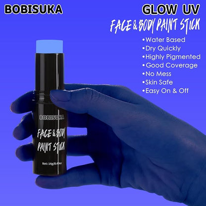 BOBISUKA Neon Blue Face Body Paint Stick Water Based Glow In The UV Light Face Painting Kit Eye Black Sticks for Sports Quick Drying Foundation Makeup for Halloween Cosplay SFX Costume Party