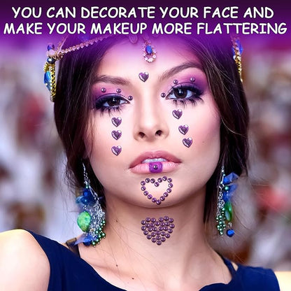 3 Sheets Rhinestone Stickers Self Adhesive Heart Rhinestones Gems for Face Eyes Makeup Hair Body for Valentine Festival Decal Decor(Purple)