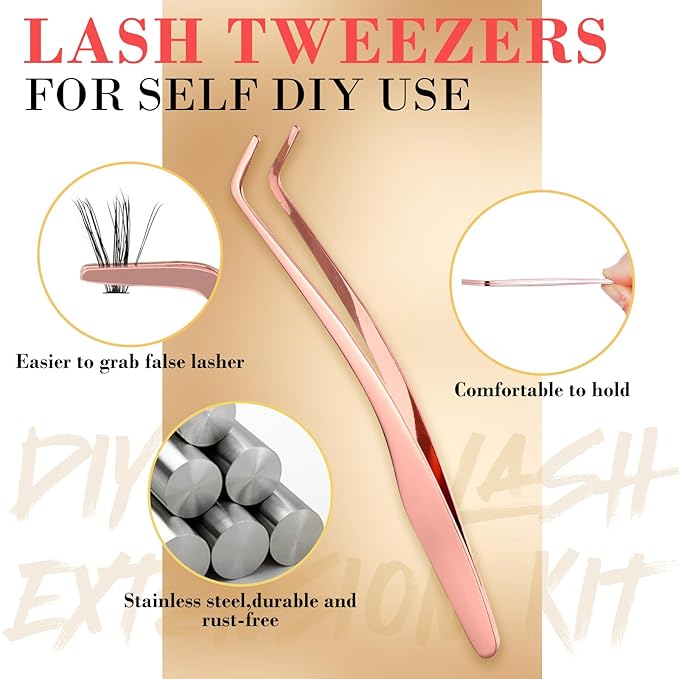 Lash Extensions Kit with 180 PCS Individual Lash Clusters, Eyelash Tweezers for Lash Extensions, Lash Bond and Seal Waterproof, Clusters Lash Glue Remover Easy to Apply at Home