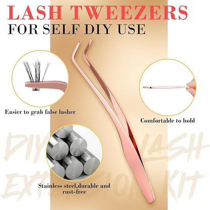 Lash Extensions Kit with 180 PCS Individual Lash Clusters, Eyelash Tweezers for Lash Extensions, Lash Bond and Seal Waterproof, Clusters Lash Glue Remover Easy to Apply at Home