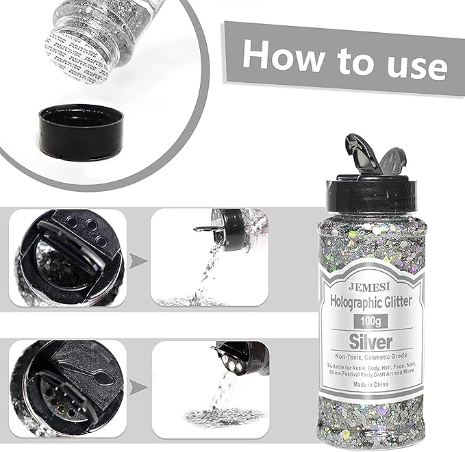 Holographic Chunky Glitter, 100g Silver Cosmetic Craft Glitter for Epoxy Resin, Nail Sequins Iridescent Flakes, Body, Face, Hair, Nail, Glitter Slime Making