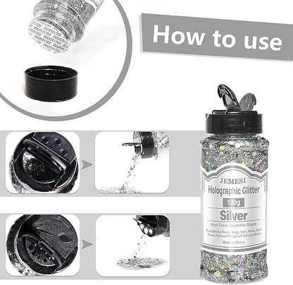 Holographic Chunky Glitter, 100g Silver Cosmetic Craft Glitter for Epoxy Resin, Nail Sequins Iridescent Flakes, Body, Face, Hair, Nail, Glitter Slime Making
