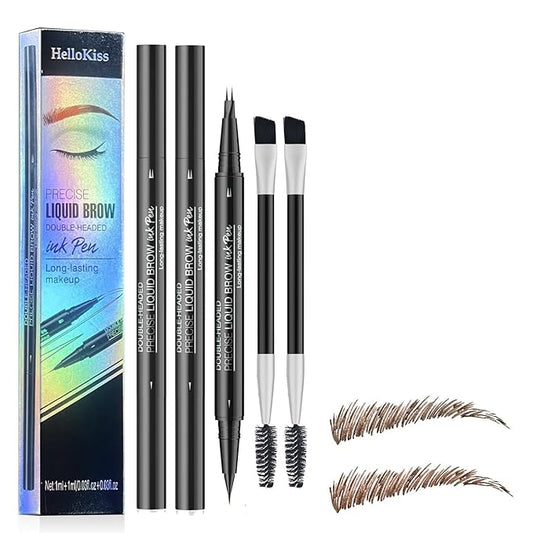 2PCS Hello Kiss Curved Eyebrow Pen, Hello Kiss Microblading Eyebrow Pencil (02#BROWN+03#DARK BROWN)