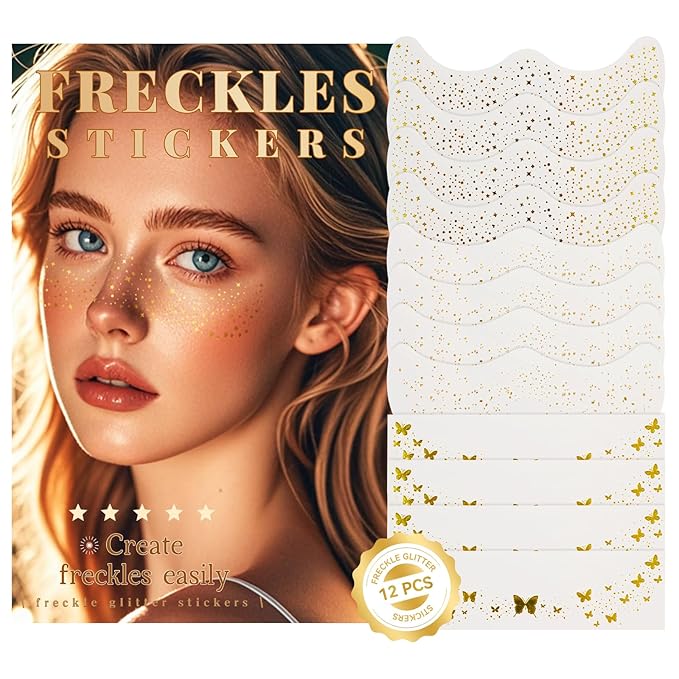 Glitter Freckles Face Tattoo,12PCS Face Glitter Speckles Patches,Glow Up Makeup Patches Festival Rave Accessories for Women,Sparkle Makeup Patches, Cosmetic Glitter for Face Patches