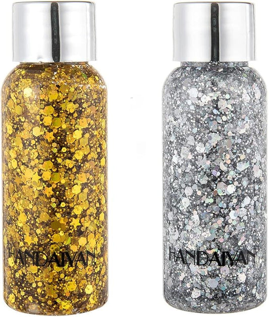 Body Glitter Gel Set, Make Up Long Lasting Glitter for Body Face Hair Eyeshadow, Face Glitter for Music Festival Party Carnival. (Gold + Silver)
