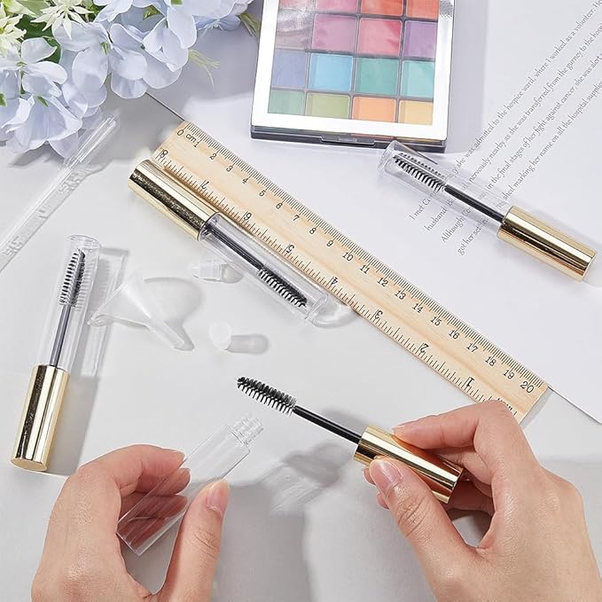 GORGECRAFT 10Pcs 10ml Empty Mascara Tube Bottle Transparent Plastic Eyelash Wand Containers Bottles with Rubber Inserts 4Pcs 2ml Dropper 2Pcs Mini Funnel Hopper for Castor Oil DIY Cosmetics Kit Gold