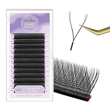 YY Eyelash Extension 0.07mm D Curl 10mm Tray Lash Supplies Premade Fans Y Shape Volume Lash 12 Rows Premium Faux Mink Lash Extensions (10mm, Black;0.07D)