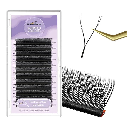 YY Eyelash Extension 0.07mm D Curl 10mm Tray Lash Supplies Premade Fans Y Shape Volume Lash 12 Rows Premium Faux Mink Lash Extensions (10mm, Black;0.07D)