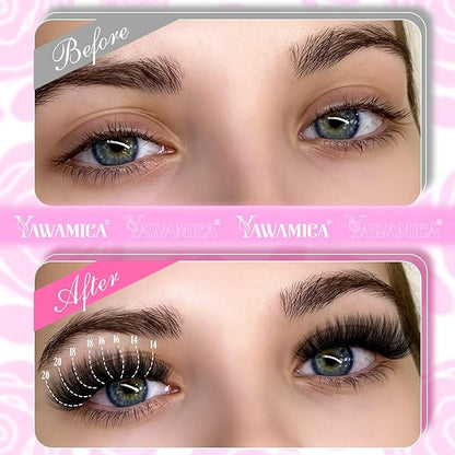 Yawamica Fluffier Lash Extension Kit Thick 200D Volume Eyelash Extension Kit 14-20mm Wispy Lash Clusters Kit D Curly Individual Lashes with Bond and Seal lash Tweezers DIY Cluster Eyelash Extensions