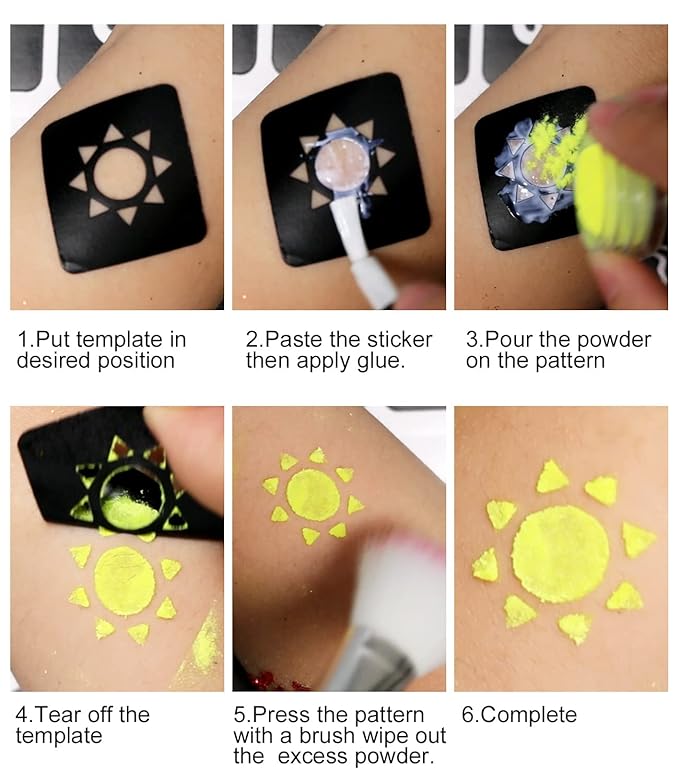 Temporary Glitter Tattoo Kit for Kids makeup,30 Body Glitter,3 Glitter Glue,5 Sheets Tattoos Stencil,5 Pcs Makeup Brush,6 Fluorescent Powder,Rhinestone Stickers,Holiday,Party,Nail Art