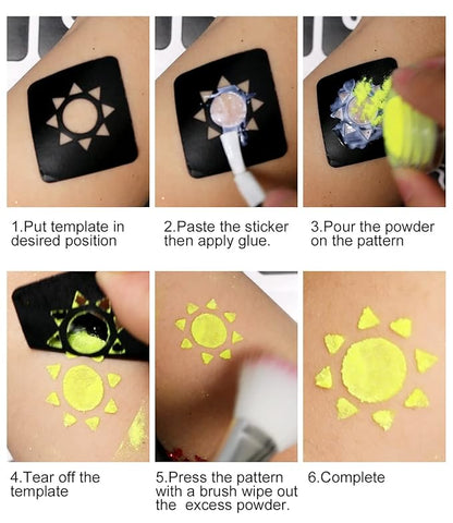 Temporary Glitter Tattoo Kit for Kids makeup,30 Body Glitter,3 Glitter Glue,5 Sheets Tattoos Stencil,5 Pcs Makeup Brush,6 Fluorescent Powder,Rhinestone Stickers,Holiday,Party,Nail Art