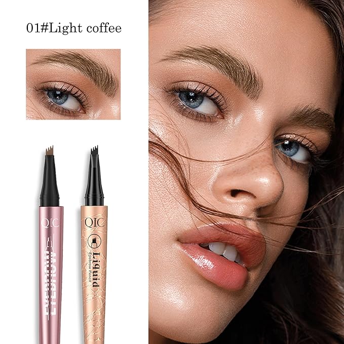 2 Pcs Eyebrow Tattoo Pencil,3D Microblade Eyebrow Pen with 4 Fork Tip Magic Eyebrow Pencil Waterproof Smudge-proof Natural Eyebrow Hair Micro Eye Brow Pencil for women (Light Brown)