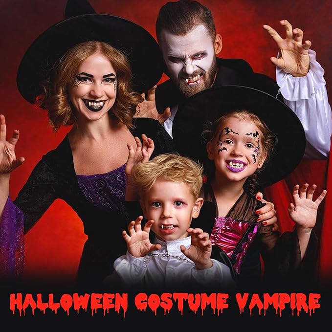 Vampire Blood and Fangs Makeup Kit,Vampire Teeth Costume 4 Size Fake Teeth,1 Fake Blood Spray,1 Dripping Blood,3 Blood Capsules,1Coagulated Blood Gel and 1 Sponges for Halloween Vampire Cosplay Makeup
