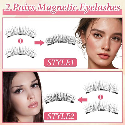 Natural Look Magnetic Eyelashes Kit 2 Pairs Double Sided Reusable Soft Magnetic Lashes with Applicator Mirror No Glue No Eyeliner Easy to Wear Remove Eyelash Applicator Tool Kit