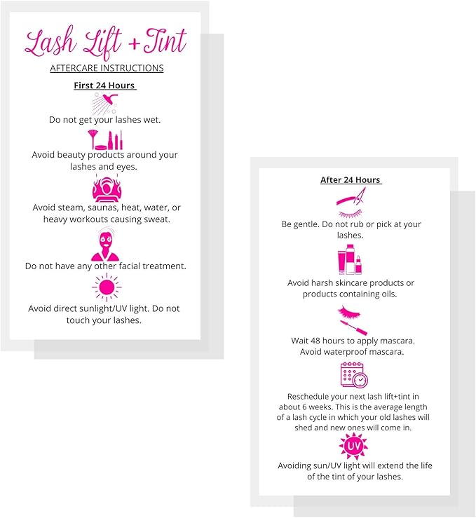 Lash Lift + Tint Aftercare Instruction Cards | 50 Pack | 2 x 3.5” inches Business Card Size | Eyelash Lift and Tint Kit at Home DIY aftercare Supplies | White with Pink Icon Design