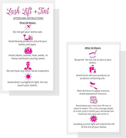 Lash Lift + Tint Aftercare Instruction Cards | 50 Pack | 2 x 3.5” inches Business Card Size | Eyelash Lift and Tint Kit at Home DIY aftercare Supplies | White with Pink Icon Design