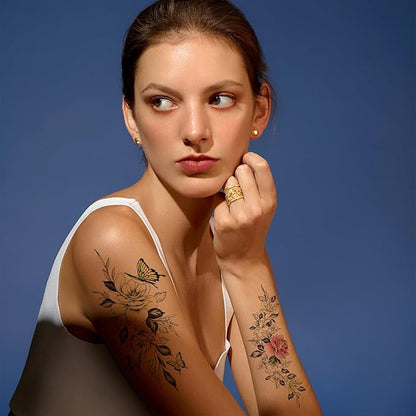 Flower Temporary Tattoos for Womens Arm Neck Leg, Multi-Colored Body Art Fake Tattoos For Adults Girl, Realistic Tattoos Half Sleeve Temporary Tattoos