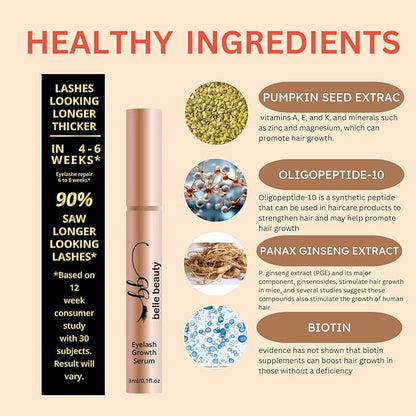 Belle Beauty Eyelash Growth Serum, Longer Looking Eyelashes, Lash Enhancing Serum, for Natural Lashes and Lash Extensions, 3ML/0.11 fl oz