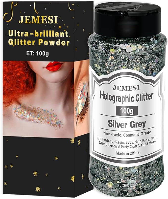 Holographic Chunky Glitter, 100g/0.35oz Silver Grey Cosmetic Craft Glitter for Epoxy Resin, Nail Sequins Iridescent Flakes, Body, Face, Hair, Nail, Glitter Slime Making