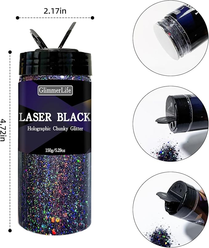 GlimmerLife Black Glitter, 150G/5.29OZ Glitter, Holographic Chunky Glitter, Craft Glitter for Resin, Epoxy Tumblers, Nail Art, Iridescent Metallic Sequin Flakes Bulk, Halloween Decorations