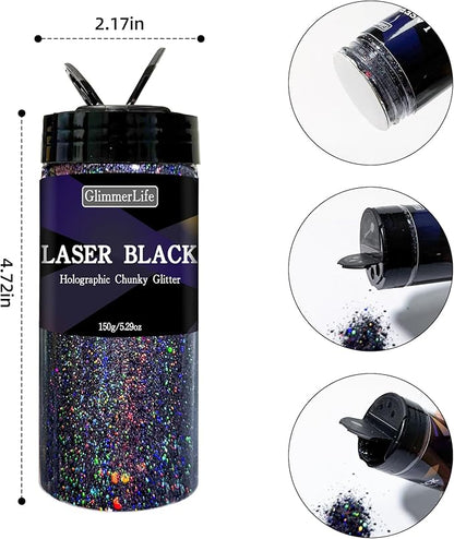 GlimmerLife Black Glitter, 150G/5.29OZ Glitter, Holographic Chunky Glitter, Craft Glitter for Resin, Epoxy Tumblers, Nail Art, Iridescent Metallic Sequin Flakes Bulk, Halloween Decorations