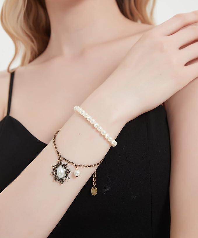 Gothic Pearl Lace Steampunk Wristband Vintage Pearl Pendant Tassel Lace Hand Chain with Finger Ring Lolita Lace Hand Accessories for Women and Girls (Style 7)