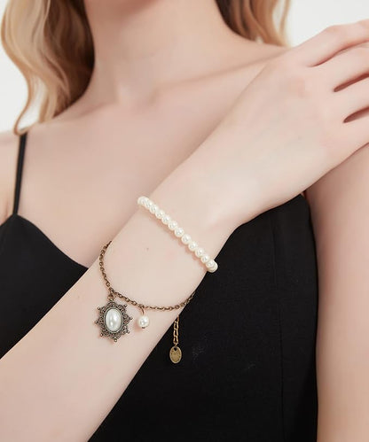 Gothic Pearl Lace Steampunk Wristband Vintage Pearl Pendant Tassel Lace Hand Chain with Finger Ring Lolita Lace Hand Accessories for Women and Girls (Style 7)