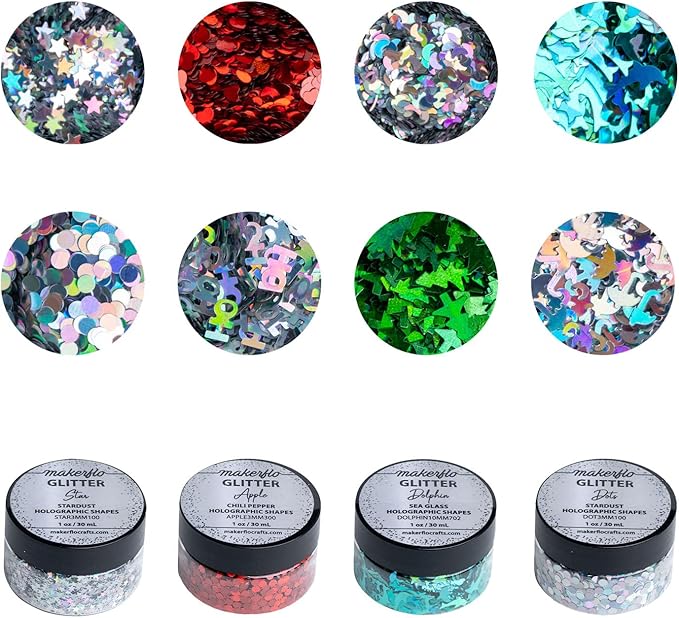 Makerflo Holographic Shape Glitter Variety Set Pack of 33, 1oz Each for DIY, Festival Decoration Crafts & Slime