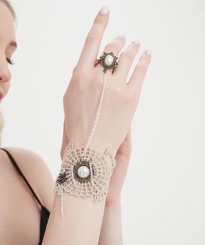 Gothic Pearl Lace Steampunk Wristband Vintage Pearl Pendant Tassel Lace Hand Chain with Finger Ring Lolita Lace Hand Accessories for Women and Girls (Style 1)