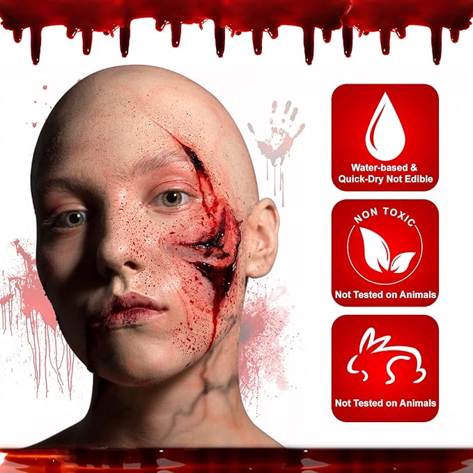 Halloween Fake Blood Makeup Kit - Edible Fake Blood Gel 1.06oz + Fake Blood Spray 1.76oz + Coagulated Blood 1.06oz, Realistic Washable Special Effects SFX Makeup Set for Zombie Vampire Monster Cosplay