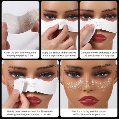Glitter Freckle Face Tattoos - 6 PCS Gold Temporary Face Freckle Patch | Waterproof & Sweatproof Adhesive Glitter Patches for Festival, Party, Halloween Makeup (Gold Glitter Freckles-B)