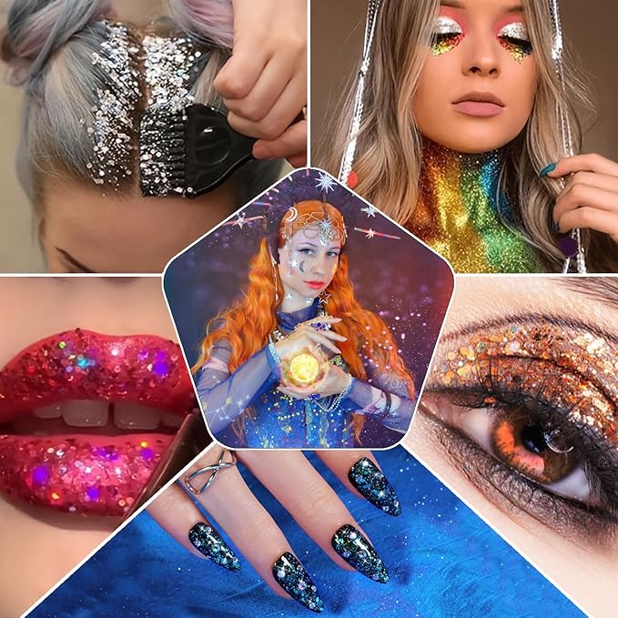 SHANPIN Gold Body Glitter, Chunky Glitter Gel Makeup for Face Hair Nails, Sparkling Mermaid Sequins for Women Face Body Glitter Gel, Glitter Face Paint for Women Rave Festival