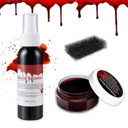 Fake Blood Spray Realistic Washable Fake Blood Cream Black Stipple Sponge,Halloween Fake Blood Makeup Kit for Blood Splatter Clothes Zombie Vampire Sfx Cosplay