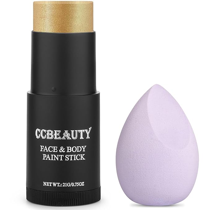 CCbeauty Metallic Gold Face Paint Stick,Glitter Face Painting Kit,Professional Body Paint,Non Toxic SFX Makeup Kit For Halloween Costume Cosplay,Full Coverage Painting Foundation With Makeup Sponge