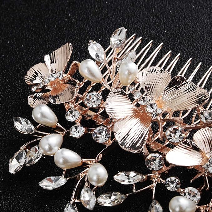 Kercisbeauty Light Champagne Hair Comb for Bride Wedding Bridal Headpiece Hair Accessories for Women Bridesmaid Gift (Rose Gold)