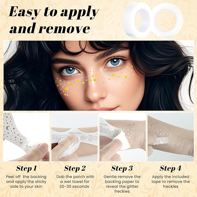 Glitter Freckles Face Tattoo, Temporary Fake Freckles, Waterproof and Sweatproof Face Sparkles for Party, Music Festival 6 Counts with 1 Tape(Heart-Shaped)