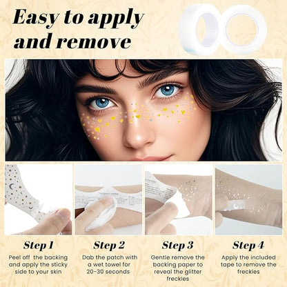 Glitter Freckles Face Tattoo, Temporary Fake Freckles, Waterproof and Sweatproof Face Sparkles for Party, Music Festival 6 Counts with 1 Tape(Heart-Shaped)