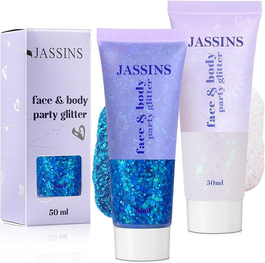 JASSINS 2 Pack Face Body Glitter, 100ml Blue and White Glitter Gel Makeup for Women Girls Kids, Singer Concerts Festival Rave Accessories, Chunky Mermaid Sequins Glitter