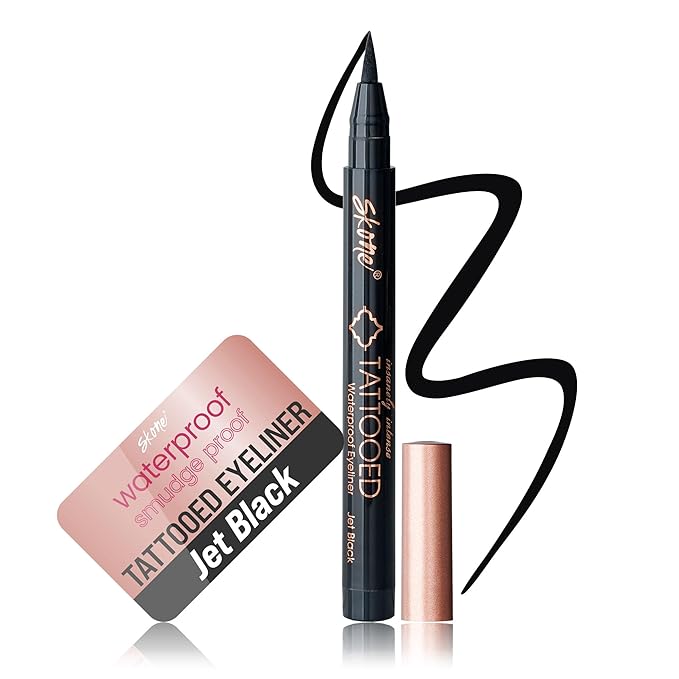 Skone Cosmetics Tattooed Eyeliner & Stencil Duo - Waterproof, Smudge Proof Felt Tip Liquid Eyeliner & Easy to Use Multifunctional Eyeliner Aid Stencil Tool Guide for Mascara Shield Applicator Guard, L