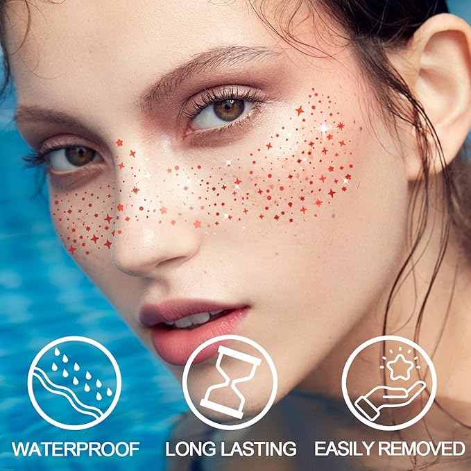 6pcs Gold Face Makeup Patches, Glitter Face Freckles,Waterproof Face Glitter Speckles Patches,Sliver Fake Freckle for Party Makeup