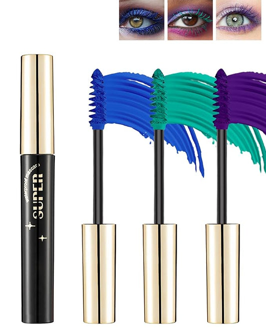 3 Colors Waterproof Mascara Set -Blue Green Purple Colored Mascara for Eyelashes, Long Lasting Curling Tube Máscara Volume and Length, High Pigment Lash Colorful Makeup for Cosplay Party-B