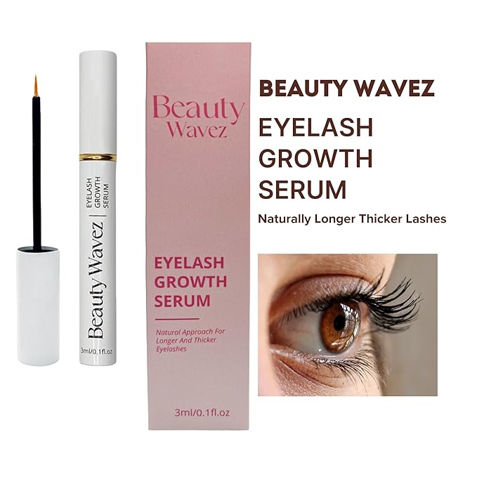 Beauty Wavez Natural Eyelash Growth Serum - Lash Growth Serum with Advanced Formula to Boost Longer Fuller, Thicker Looking Eyelashes and Eyebrows - Vegan & Cruelty-Free Eyebrow Growth Serum, 30ML
