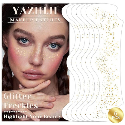 6 Sheets Gold Glitter Freckles Face Tattoo, Sparkle Freckles, Gold Face Speckles Patches, Face Glitter Makeup Patches, Waterproof Face Glitter Patches for Women Girls