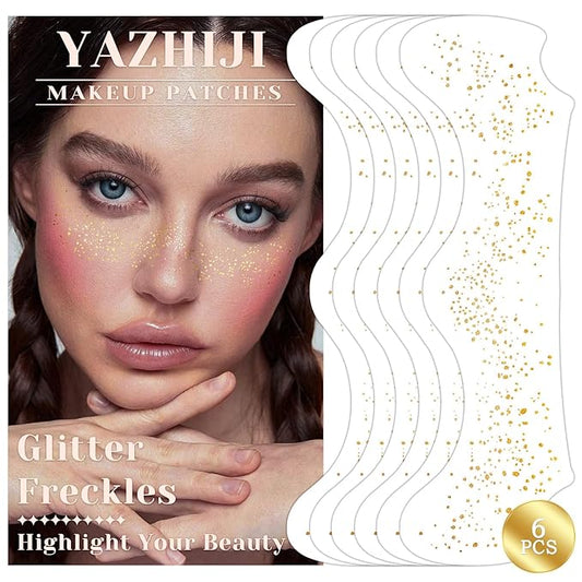 6 Sheets Gold Glitter Freckles Face Tattoo, Sparkle Freckles, Gold Face Speckles Patches, Face Glitter Makeup Patches, Waterproof Face Glitter Patches for Women Girls