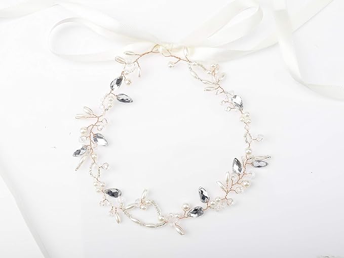 Kercisbeauty Wedding Bridal Headband with Pearl Crystal Headpiece for Women Girls Prom Headpiece Vintage Boho Tiara Bridesmaid Hair Accessories (Rose Gold)