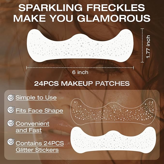 24 Pcs Glitter Freckles Face Tattoo,Silver Face Glitter Makeup Patches Cute Sparkle Freckles Patches Waterproof Makeup Speckles for Face Accessories for Women Girls