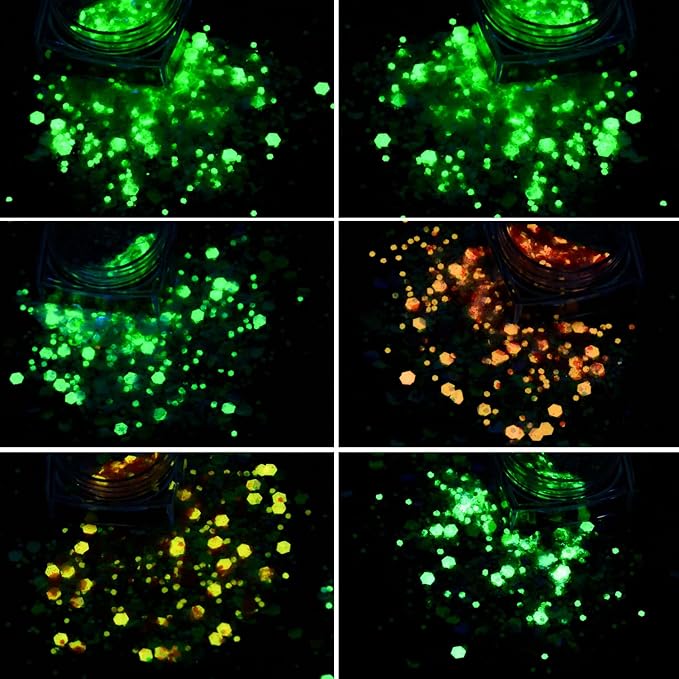 Glow in The Dark Chunky Glitter 12 Boxes Luminous Iridescent Glitter Tiffany Rose Yellow Flakes for Face Eyes Body Hair DIY Nail Art Decals (A)